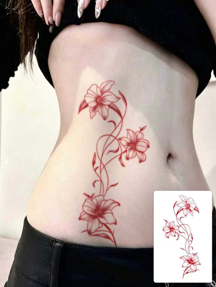 1张时尚可水洗逼真百合花临时纹身贴纸。防水持久,清新藤蔓设计,适合贴于腰部或侧腰,适合所有人群。 - 紅色 - 查看 1