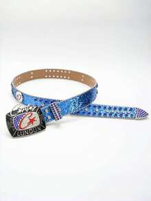 1条多色亮片水钻腰带，朋克街头嘻哈风格字母星形扣，男女通用装饰腰带，金色/蓝色亮片水钻腰带配合金扣，街头朋克摇滚Y2K风格 - 星星字母扣頭 - 查看 7