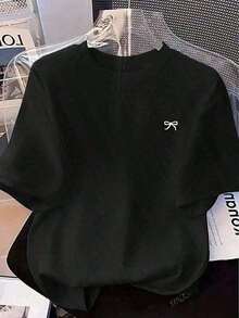 Summer Clothes 2026 Summer Shirt 2026 Loose Short Sleeve Dolman Style T-Shirt With Bow Print Loose And Comfortable Summer Tops Loose And Comfortable Summer Tops - High Quality And Breathable - 黑色 - 查看 1
