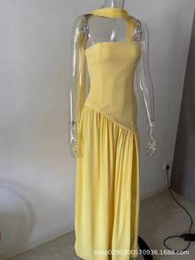 Nueva Llegada Vestido Ajustado Con Cremallera Contraste Abierto Irregular - Amarillo - Ver 2