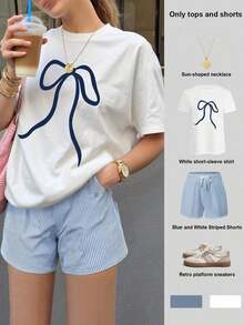 Conjunto de dos piezas de verano para mujer, shorts a rayas blancas y azules, camiseta holgada para mujer, conjunto básico talla grande vendido, con estampado de lazo - Multicolor 2 - Ver 1