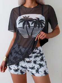 piezas Traje de baño tipo tankini de mujer para vacaciones de verano en la playa, con estampado tropical de palmeras y rayas, de manga corta - Blanco y Negro - Ver 6