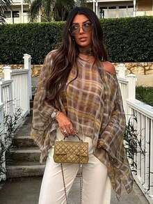 Poncho de mujer con cuello redondo y mangas de murciélago a cuadros, elegante ropa de primavera para damas - enrejado - Ver 1