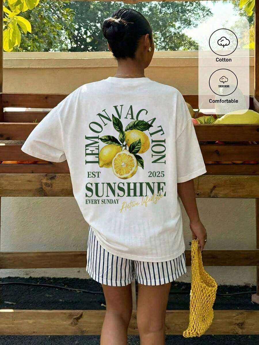 ClassicMuchica Camiseta Holgada de Manga Corta con Cuello Redondo y Estampado de Letras de Limón, Estilo Casual Minimalista para Mujer, Adecuada para Primavera y Verano, Mezcla de Algodón, Blusa Casual de Verano para Mujer - Blanco 3 - Ver 1