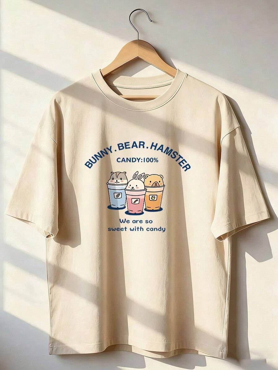 Short-Sleeve T-Shirt With Cute Characters, Fashionable Short-Sleeve T-Shirt For Spring And Summer 2026, Made In Mexico, 180 Grams. Cartoon Print, Couple Design, Suitable For Indoor Or Outdoor Wear. Crew Neck, Unisex, Ideal For Office And Leisure. One-Pack. - APR-P631577SLNDXZGY440 - 查看 1