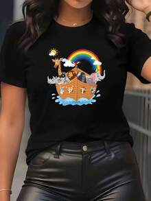 Women's Short Sleeve T-Shirt With Simple And Versatile Design - 2D Cartoon Print With Noah's Ark And Rainbow Animal Group, Round Neck, Casual, Suitable For All Seasons, Available In Various Colors And Sizes, Festive Fashion, Retro Aesthetic, Breathable Material, Cotton T-Shirt With Fun Print. - 黑色 - 查看 7