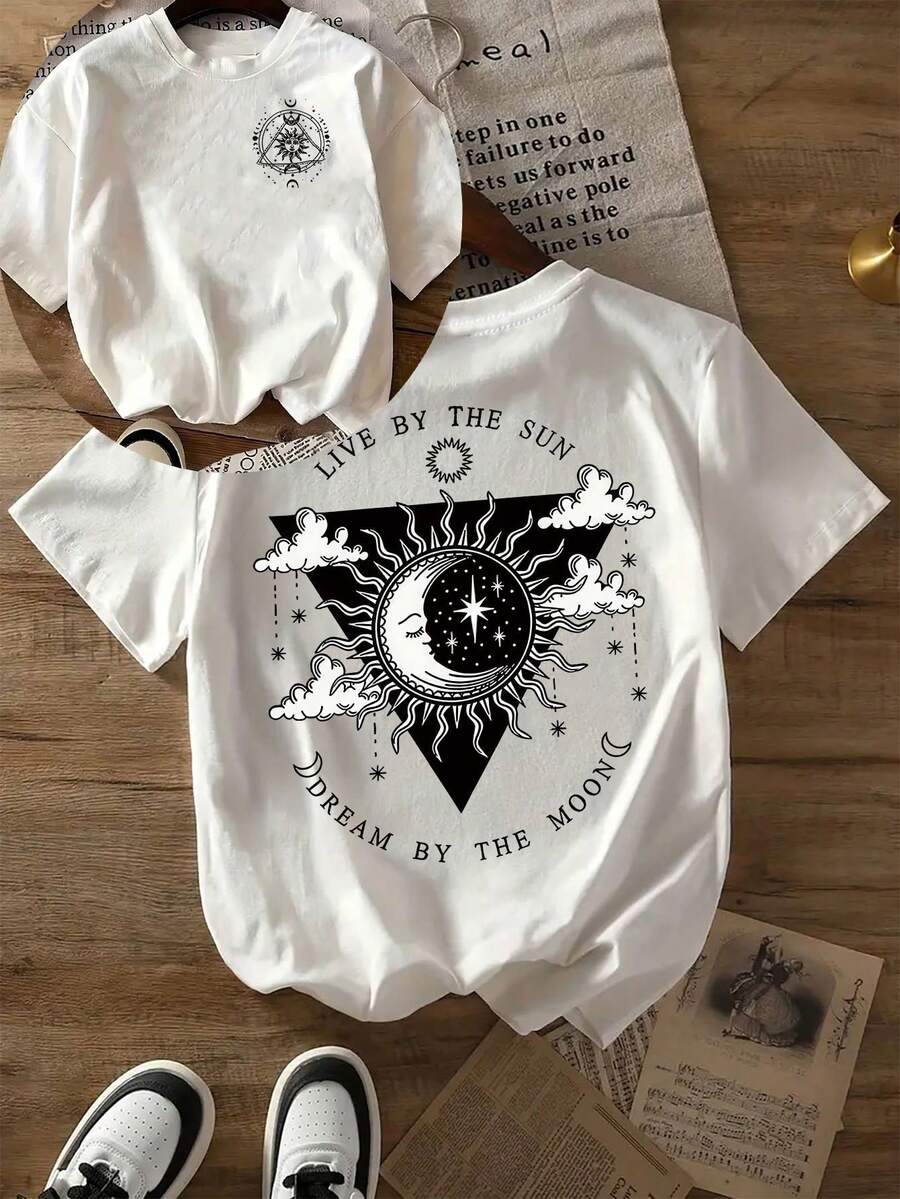 Exquisite Selection, Brand Quality, Slim Fit, European And American Fashion, Comfortable And Breathable T-Shirt, Women's Clothing, Versatile And Simple Casual Top For Urban And Home Fashion, Double-Sided Print, Sun And Moon Print. - 白色 - 查看 1
