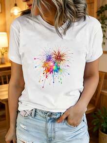Camiseta de Verano de Manga Corta para Mujer, Estampada, Moderna y Casual, Lavable a Máquina, Ajuste Cómodo con Estampado Plano 2D. YZUQ - Negro_02 - Ver 2