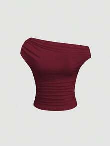 Camiseta ajustada de manga corta y cuello asimétrico de color liso, versátil y cómoda - Multicolor 4 - Ver 5