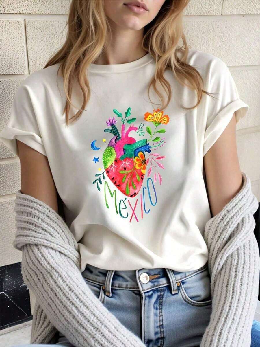 Gift: Soft Cotton T-Shirt For Plus-Size Women With Colorful Mexican Heart Print, Travel Lover Gift, Valentine's Day Outfit, Summer Dresses, Casual, Perfect For All Seasons, S M L XL - Ideal For Summer. - 白色的 - 查看 1