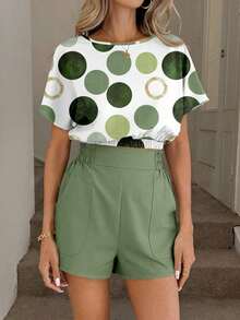 Conjunto Casual Elegante con Estampado Floral Vintage para Mujer, Incluye Blusa de Cuello Redondo con Cintura Fruncida y Pantalones Cortos con Bolsillos y Volantes en la Cintura - Multicolor 13 - Ver 5