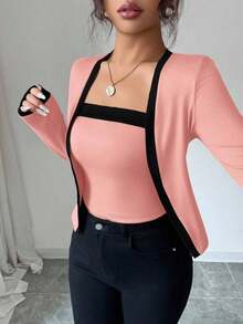 Set de 2 piezas: Top de mangas largas con panel de color elegante de frente abierto y camiseta sin mangas para mujer - Multicolor 3 - Ver 6