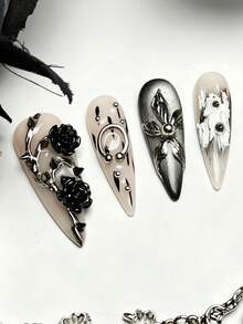 10 Piece Handmade Slim High-Heeled Press On Nails, Gothic Punk Style, 3D Black Roses, Metallic Silver Studs And Spike, Flowers And Smoky Gradient Effects, Black&Silver&Nude, Nail Art Supplies With Tool Kit, Suitable For Daily Wear/Parties, Great Gift For Women - bạc trắng - Xem 8