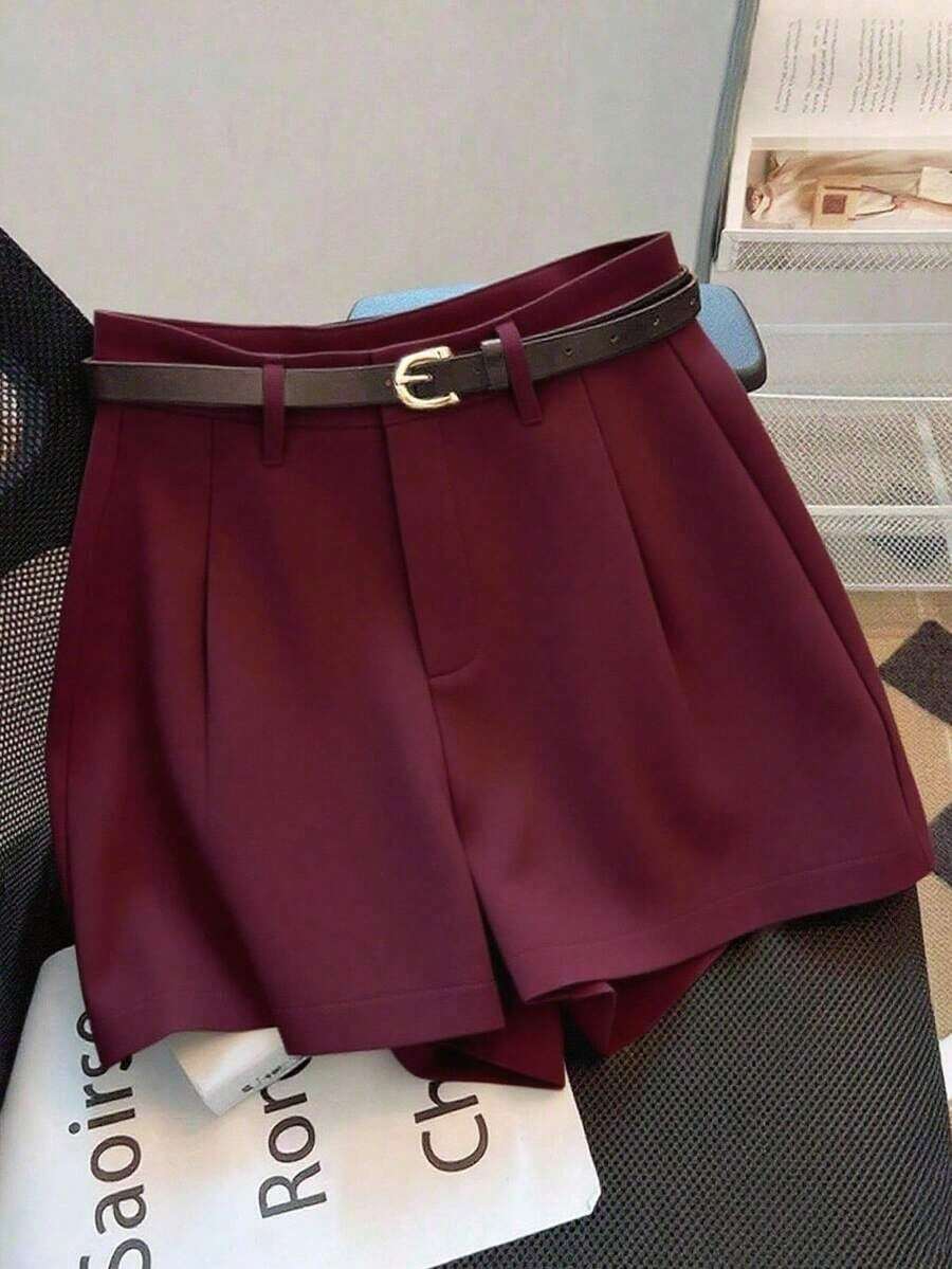 Women's Summer Solid Color Shorts, Mid-High Waist, Versatile And Fashionable For Everyday Wear, With Belt - 波爾多 - 查看 1