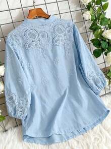 Lightweight, Semi-Sheer Blouse With A V-Neck And Unstructured Embroidery, Perfect For Spring/Summer And Holidays - Blue - View 2