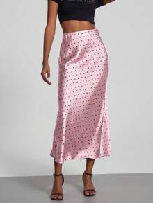 Falda larga de satén con cintura elástica de moda para mujer, ideal para vacaciones - Lunares rosas - Ver 2