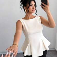 Plus Size Women's Cream Almond Off-Shoulder Split-Front A-Line Dress With Ruffle Hem, Elegant French Romantic Vintage Commute Business Beach Casual Minimalist Versatile, New Spring/Summer Wedding Party Afternoon Tea Women Elegant Outfits Tops For Women Elegant Classy Peplum Tops Women Latest Tops For Women New Arrivals Peplum Top Curve - Albaricoque - Ver 7