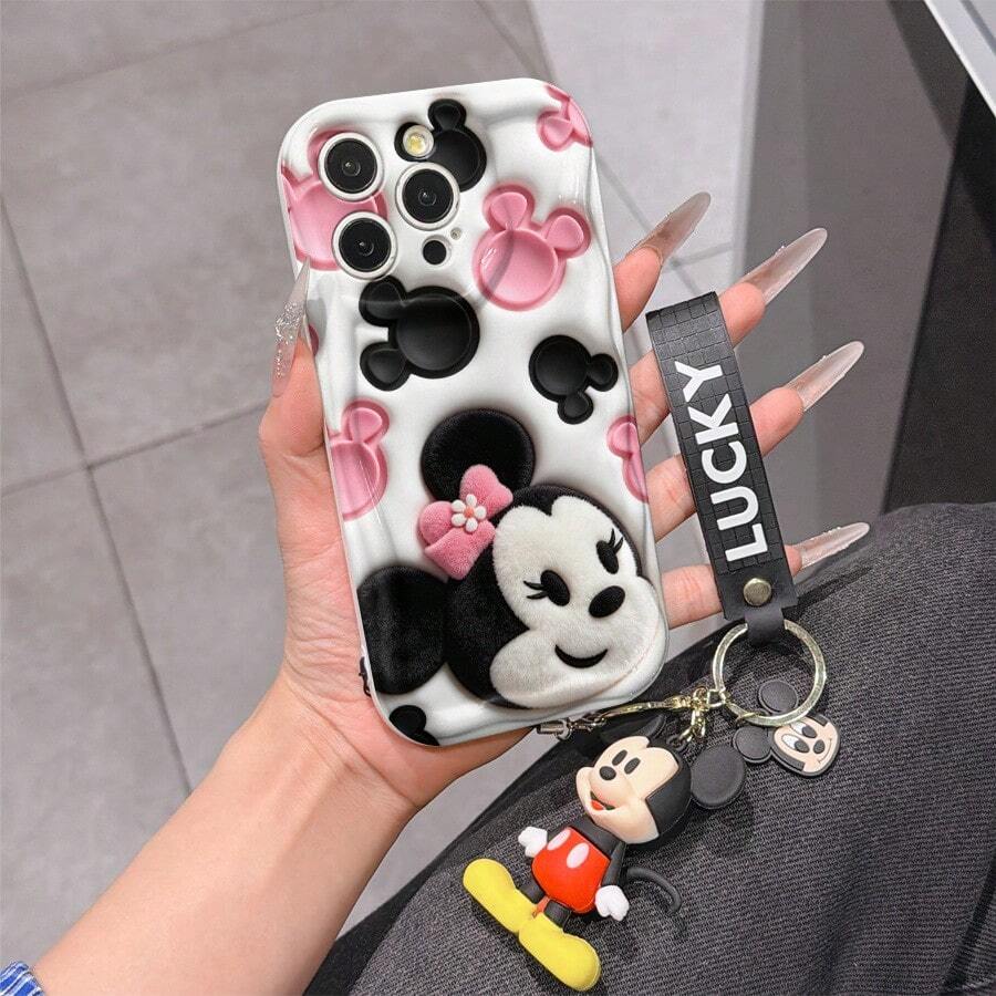 Disney Mickey Mouse Clubhouse Phone Case : 3D Fluffy Pattern Border Protector Phone Soft Phone Case With A Free Cute Mickey Bracelet Chain Lanyard, Mickey, Minnie, Goofy, Donald Duck, Daisy Duck, Pluto, For Apple 17 Promax 17 Pro 16 15 14 13 12 11 Pro Max XS Max X XR Soft Cover Summer Phone Case - 白色 - 查看 1