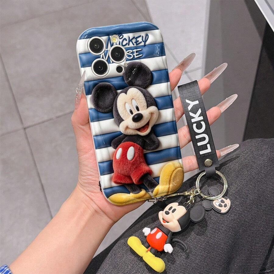 Disney Mickey Mouse Clubhouse Phone Case : 3D Fluffy Pattern Border Protector Phone Soft Phone Case With A Free Cute Mickey Bracelet Chain Lanyard, Mickey, Minnie, Goofy, Donald Duck, Daisy Duck, Pluto, For Apple 17 Promax 17 Pro 16 15 14 13 12 11 Pro Max XS Max X XR Soft Cover Summer Phone Case - 白色 - 查看 1