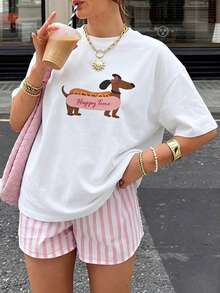 Camiseta Casual para Mujer con Estampado de Perro Dachshund, Cuello Redondo, Manga Corta, Transpirable y Cómoda - Blanco - Ver 6