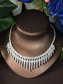 1 Set de Joyería de Borla con Circonita Cúbica Lujosa, Adecuado para Vestimenta de Boda de Mujer - Plateado - Ver 5