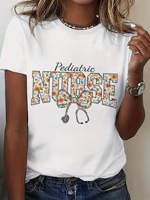 PremiumCamiseta de manga corta para mujer con estampado de enfermera pediátrica - Top holgado de cuello redondo, tela suave y transpirable, cómoda para todas las estaciones, lavable a máquina, adecuada para viajes y vacaciones, top para uso diario, diseño divertido, textura cómoda, camiseta estampada, camisa de trabajo para personal médico, construcción duradera, camiseta de verano, ideal para cuidadores. Nueva llegada - Blanco - Ver 1