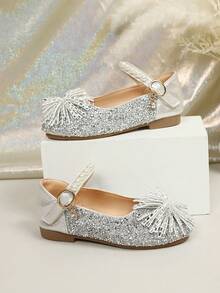 Girls' Sparkly Silver Rhinestone Firework Princess Shoes, Pearl Buckle Soft Non-Slip Soles, Children's Stage Performance Versatile Shoes - Silver - View 5