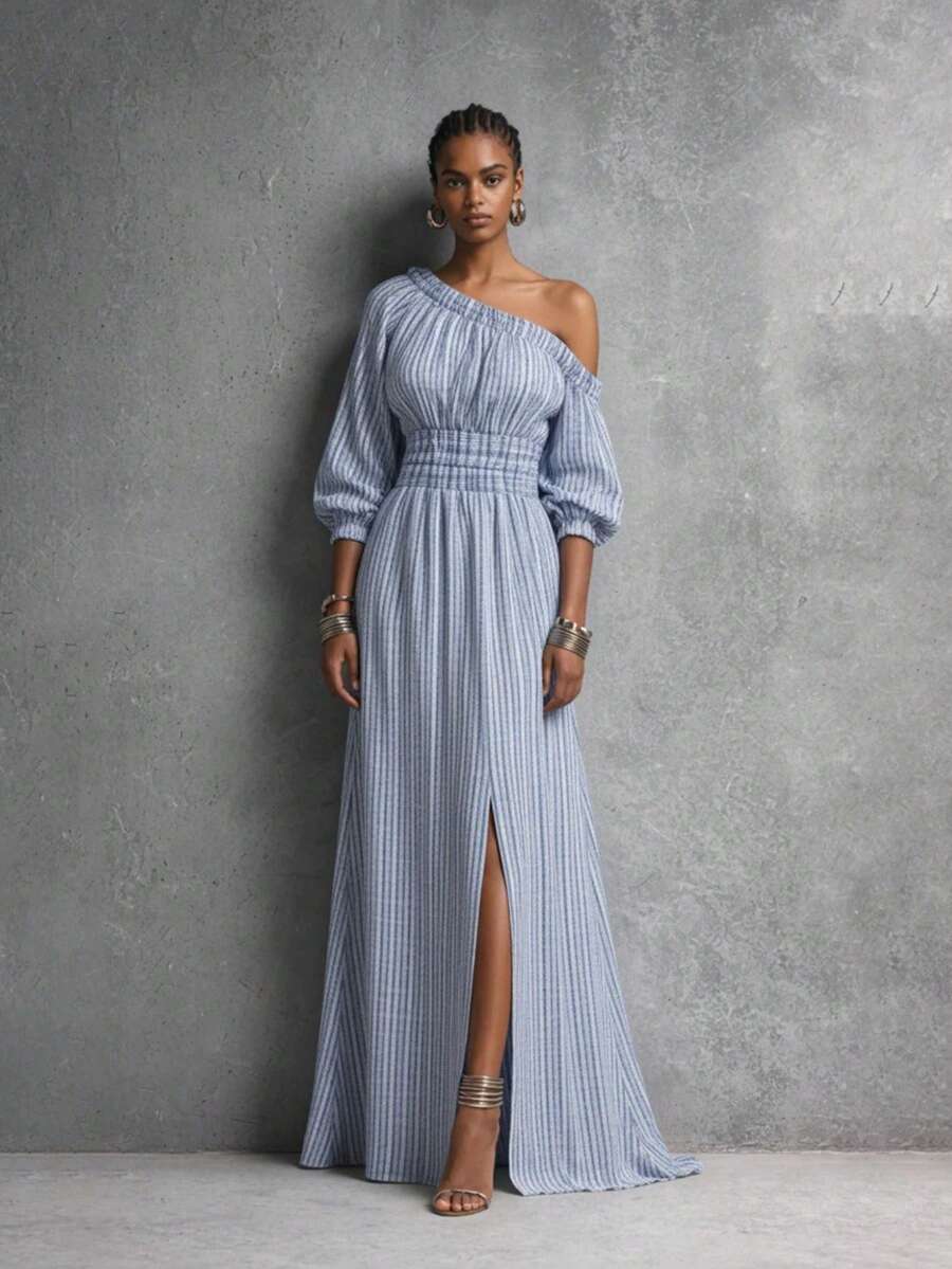 Vestido a rayas Primavera-Verano 2026 con cintura ajustable - Azul - Ver 1