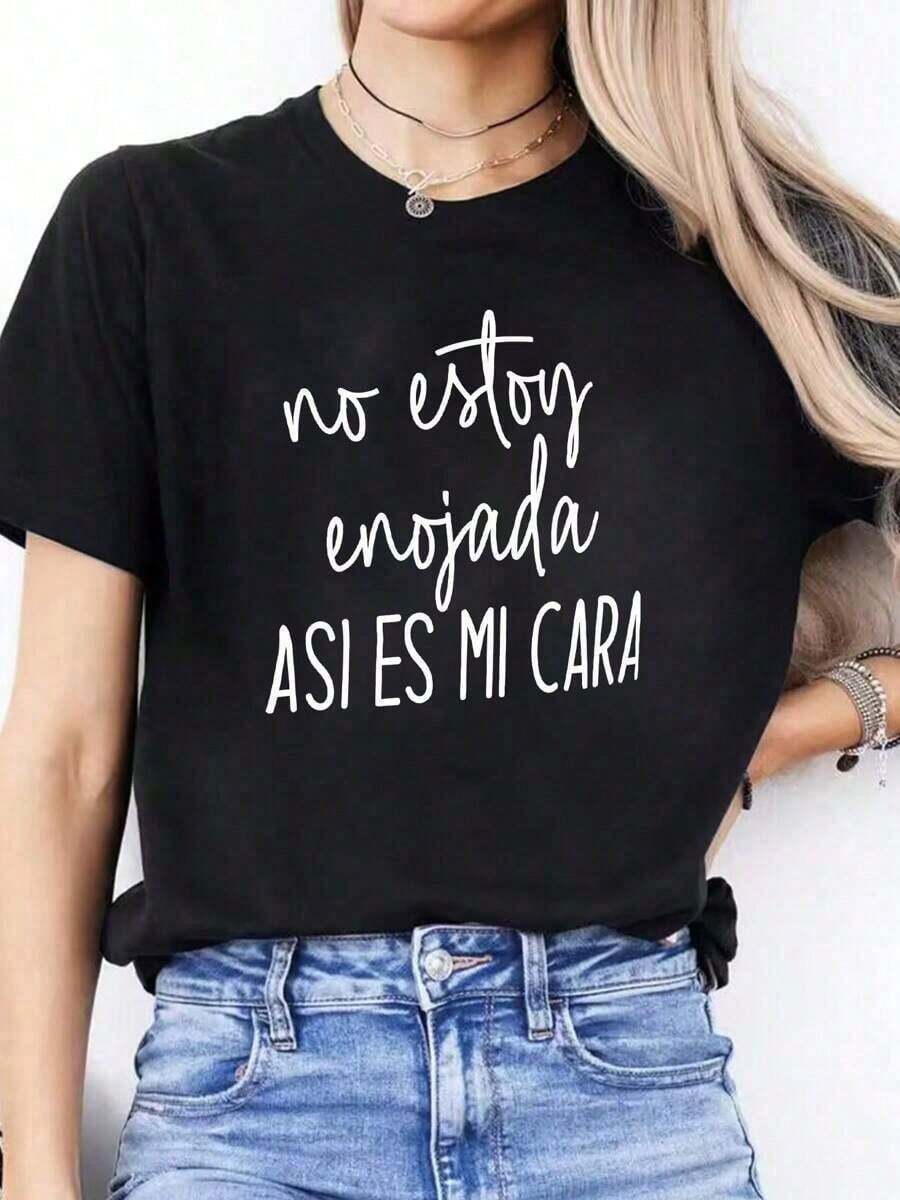 1 pieza de camiseta de mujer 100% algodón con la frase "No Estoy Enojada Así Es Mi Cara", camiseta de algodón pesado de 180g para mujer, ideal para Navidad (1 pieza) 180g 100% algodón. Blusas Bonito 100% Algodón - Negro - Ver 1