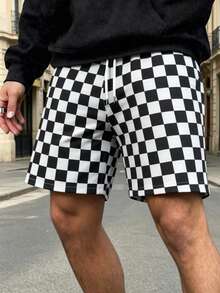 1pc Men's Lightweight Black & White Checkered Retro Plaid Casual Shorts, Breathable Drawstring Beach Pants For Summer, Daily Home, Commute, Vacation, Running & Sports, Loose Fit, Father's Day Gift - Black - View 2