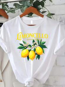 Lemon Liqueur Print T-Shirt - 100% Casual Summer T-Shirt With Lemon Print, Lemon Liqueur And Lemon Slice Design, Comfortable, Loose Fit, Round Neck And Short Sleeve, Black, Suitable For Italian Liqueur Lovers, Spring/Autumn Casual Wear, Autumn Clothing, Spring Fashion, Citrus Print, Lightweight T-Shirt, Breathable Fabric, Printed T-Shirt For Women. - 藍色 - 查看 3