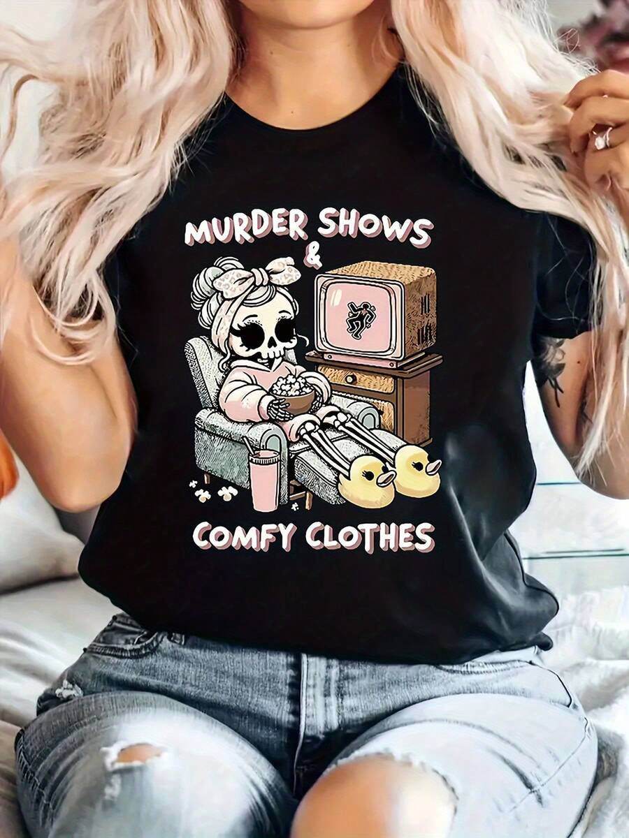 Women's Casual Sports T-Shirt With Colorful Skeleton Graphic - Black, Stretchy, Crew Neck T-Shirt, Machine Washable, Suitable For All Seasons. Unique Themed Leisurewear For A And Comfortable Look, Perfect For Pairing With Platinum Blonde Hair. - 黑色 - 查看 1