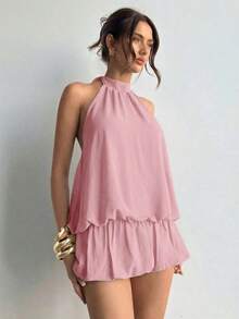 casual de verano para mujer con cuello halter, unicolor y volantes en el bajo - Rosa - Ver 5