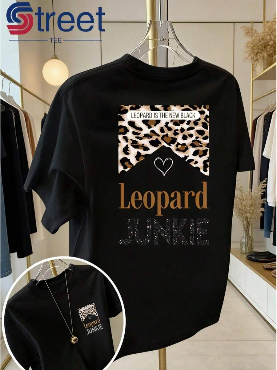 Camiseta vintage de mujer con estampado a doble cara, estilo casual de verano con cuello redondo y mangas cortas, camiseta estampada a la moda, con estampado de leopardo "Leopard " con corazones y letras, corte holgado y estilizador, atuendo dulce y fresco para chicas a la moda. - Negro - Ver 1