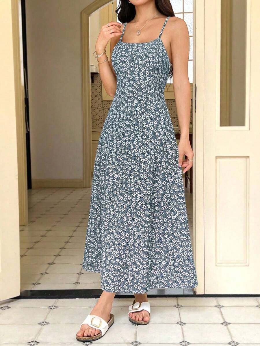 Vestido de playa con tirantes finos y estampado floral ditsy rojo para mujeres - Azul 2 - Ver 1