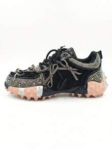 Nuevas zapatillas deportivas con plataforma y lazo completamente enjoyado con diamante de imitación, zapatos casuales de moda y cómodos para el uso diario - Negro - Ver 8