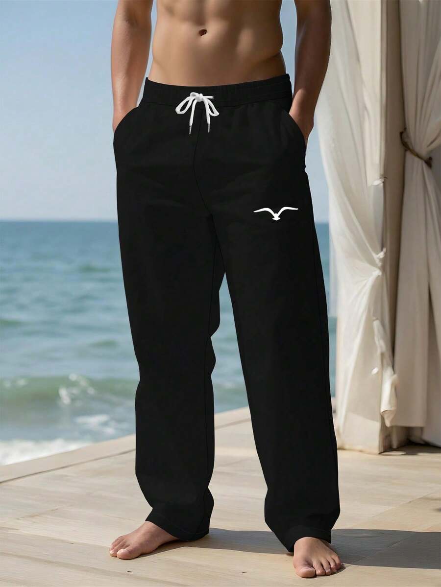 Men's Black Seagull Print Drawstring Casual Vacation Sweatpants - Multicolor - View 1