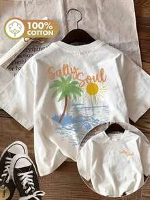 Summer Tops [Double Side Print] SALTY SOUL Women's Hand Painted Palm Tree And Wave Pattern Casual Summer Top, Crew Neck, Pure Cotton Short Sleeve T-Shirt [LingK] Cotton T-Shirt, Summer T-Shirt - White - View 7