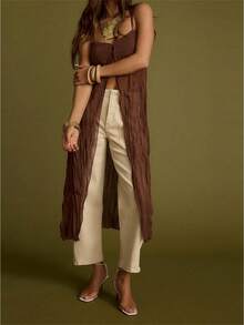 Womens Front Split Long Dress Sleeveless Spaghetti Strap Solid Color Dress Longline Cami Tops - Dark Brown - View 1