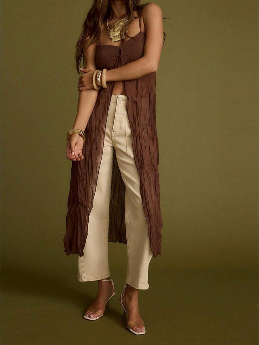 Womens Front Split Long Dress Sleeveless Spaghetti Strap Solid Color Dress Longline Cami Tops - Dark Brown - View 1