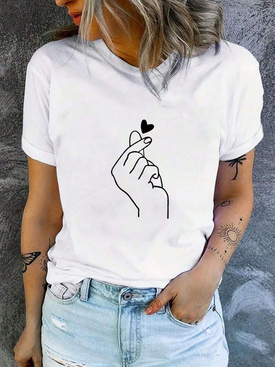 T-Shirt With Finger Heart Pattern, Short Sleeves And Round Neck, Suitable For Summer And Spring, Women's Clothing, Summer T-Shirt - White - View 1