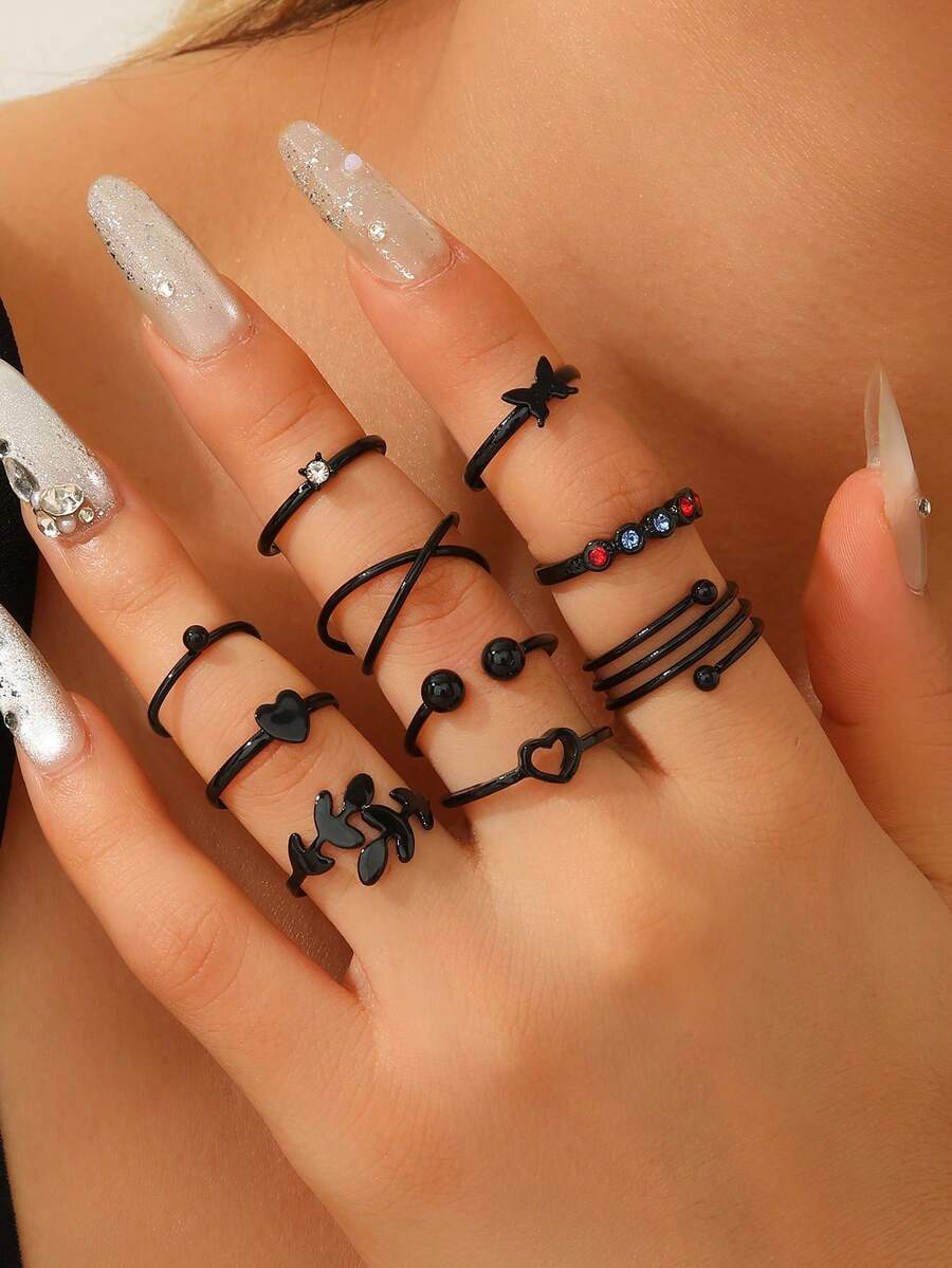 10pcs Black Minimalist Personalized Ring Set, Butterfly, Leaf, Heart Shaped, Suitable For Women's Daily And Party Wear, Jewelry Gift - Black - View 1
