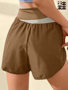 mulinsen Short femme de 2 en 1 design color block pour l'extérieur, tissu confortable et respirant, convient pour la maison, l'extérieur et les activités sportives - Tabac - Voir 4