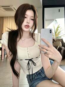 2026 甜美辛辣蝴蝶结装饰女士针织上衣，方领短袖撞色罗纹半拉链修身短款毛衣，法式浪漫风格，适合春夏秋季日常穿着、约会、情人节、母亲节、派对等场合 - 杏色 - 查看 6