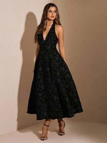 Elegante vestido de fiesta de mujer de satén jacquard con escote halter y lazo, apto para uso diario, citas, salidas, discoteca, fiesta, estilo princesa con acento de lazo, vestido de otoño, disfraz de Halloween - Negro 2 - Ver 1