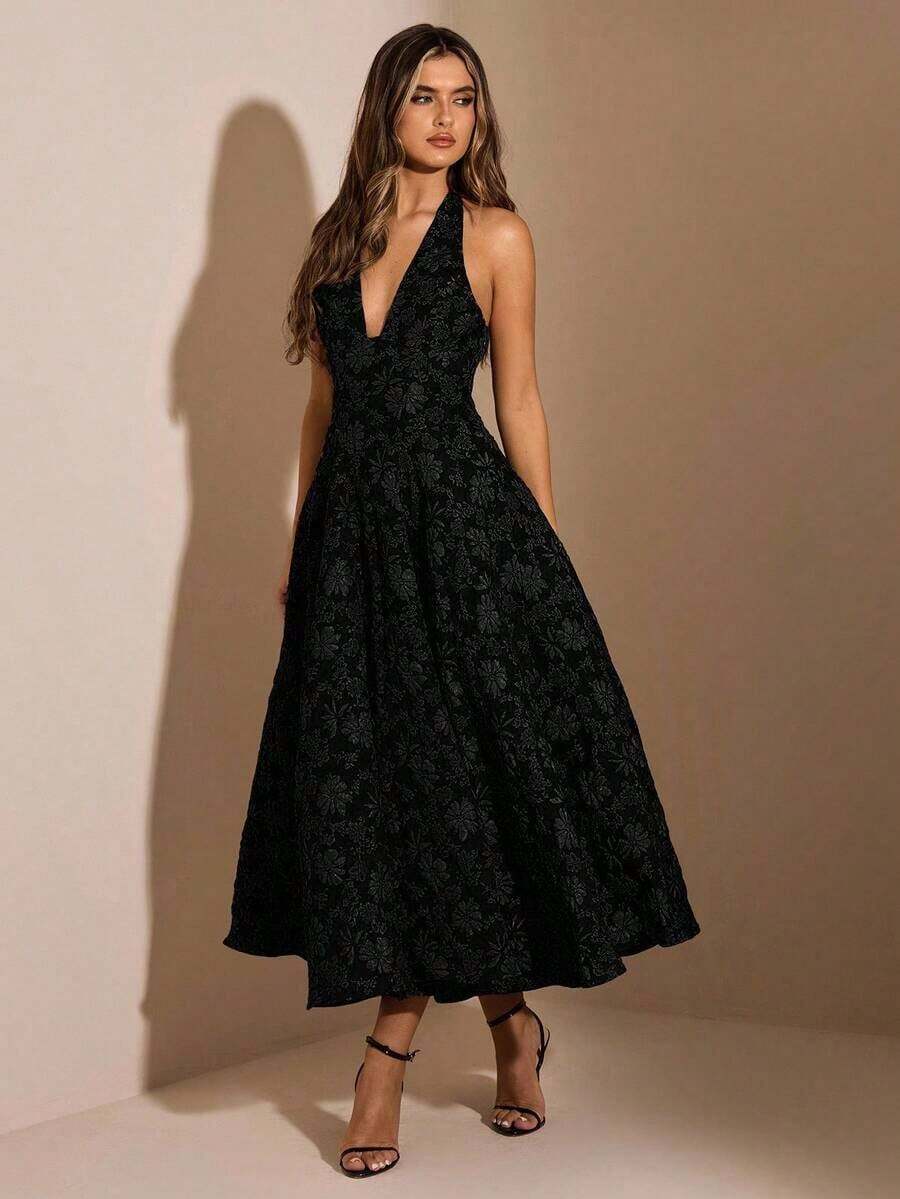 Elegante vestido de fiesta de mujer de satén jacquard con escote halter y lazo, apto para uso diario, citas, salidas, discoteca, fiesta, estilo princesa con acento de lazo, vestido de otoño, disfraz de Halloween - Negro 2 - Ver 1