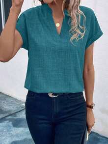 Camisa casual de mujer de manga corta con cuello entallado de unicolor, para verano - Azul 3 - Ver 4