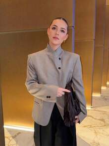 Blazer negro de oficina/escuela de manga larga, unicolor, con botones delanteros, elegante y casual, para mujer, primavera y verano, Día de la Madre - Caqui - Ver 7