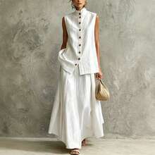 Nuevo 2026 Conjunto Dos Piezas Algodón Lino Drapeado Color Sólido Top Y Falda Estilo Elegante Para Mujer - Blanco - Ver 5