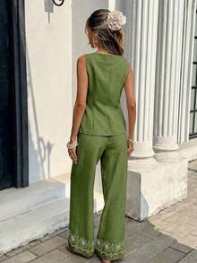 Conjunto casual de 2 piezas con blusa de un solo pecho con estampado floral y pantalones de pierna ancha para mujer - Verde Oliva - Ver 2